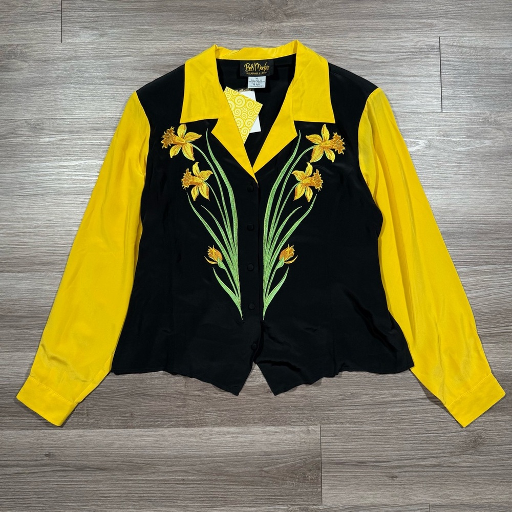 Women’s New Vintage Bob Mackie Black & Yellow Daffodils Silk Blouse Size XL